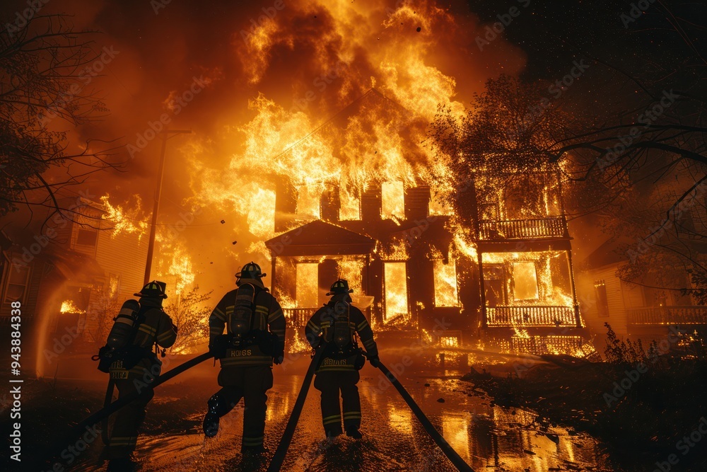 Three firefighters are standing in front of a burning house