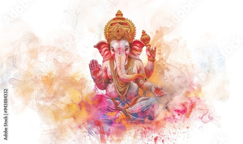 This captivating digital illustration showcases Lalbaugcha Raja, the beloved Ganapati Bappa, adorned with traditional motifs, radiating joy and devotion against a bright white backdrop photo