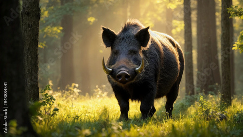 A Wild Boar Standing in a Forest During Early Morning or Late Afternoon, with Soft Lighting and Long Shadows Creating a Warm, Golden Atmosphere as Sunlight Filters Through the Trees.