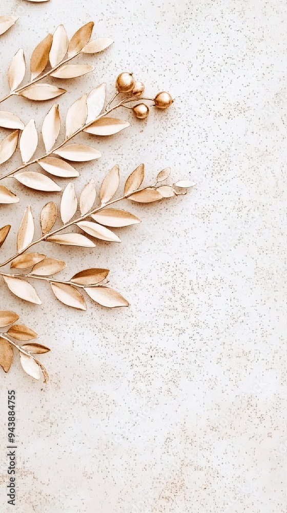 Fototapeta premium This artwork features beautifully sculpted flowers and leaves in gold leaf against a white backdrop, highlighting the intricate details and vibrant textures of the metal design