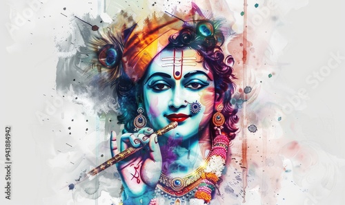 A beautifully crafted digital illustration captures Lord Krishna, gracefully playing his flute against a pristine white backdrop, exuding tranquility and divine allure