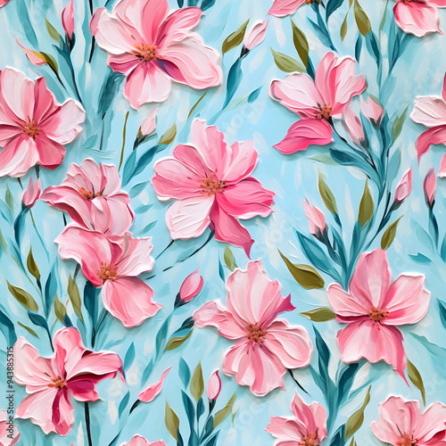 3d acrylic paint textured pink flowers art pattern wallpaper background floral painting on blue backdrop