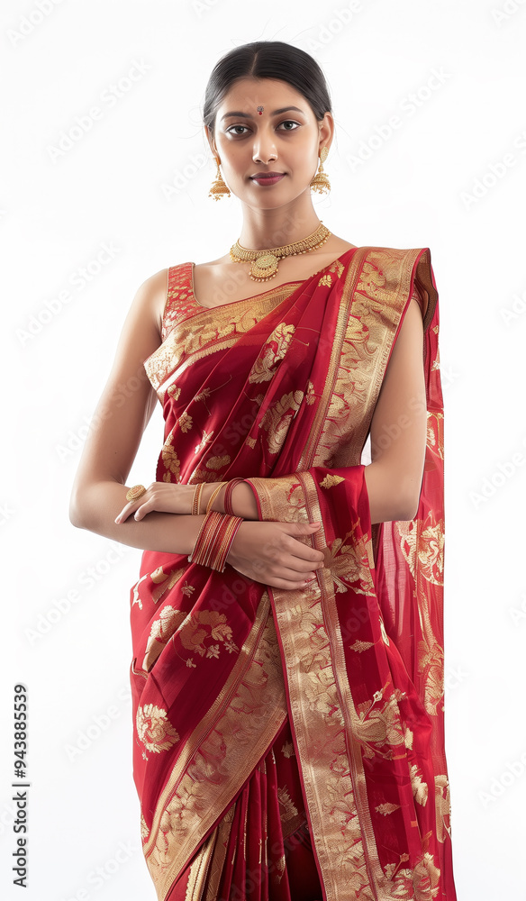 Traditional Indian Woman in Red Banarasi Sari with Gold Jewelry in Studio Portrait Traditional Indian Woman in Red Banarasi Sari with Gold Jewelry in Studio Portrait