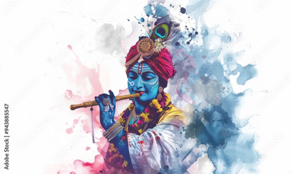 A captivating representation of Nandlala Lord Krishna playing the flute, adorned with a colorful turban and floral garlands, exuding divine tranquility in stunning watercolor style A captivating representation of Nandlala Lord Krishna playing the flute, adorned with a colorful turban and floral garlands, exuding divine tranquility in stunning watercolor style