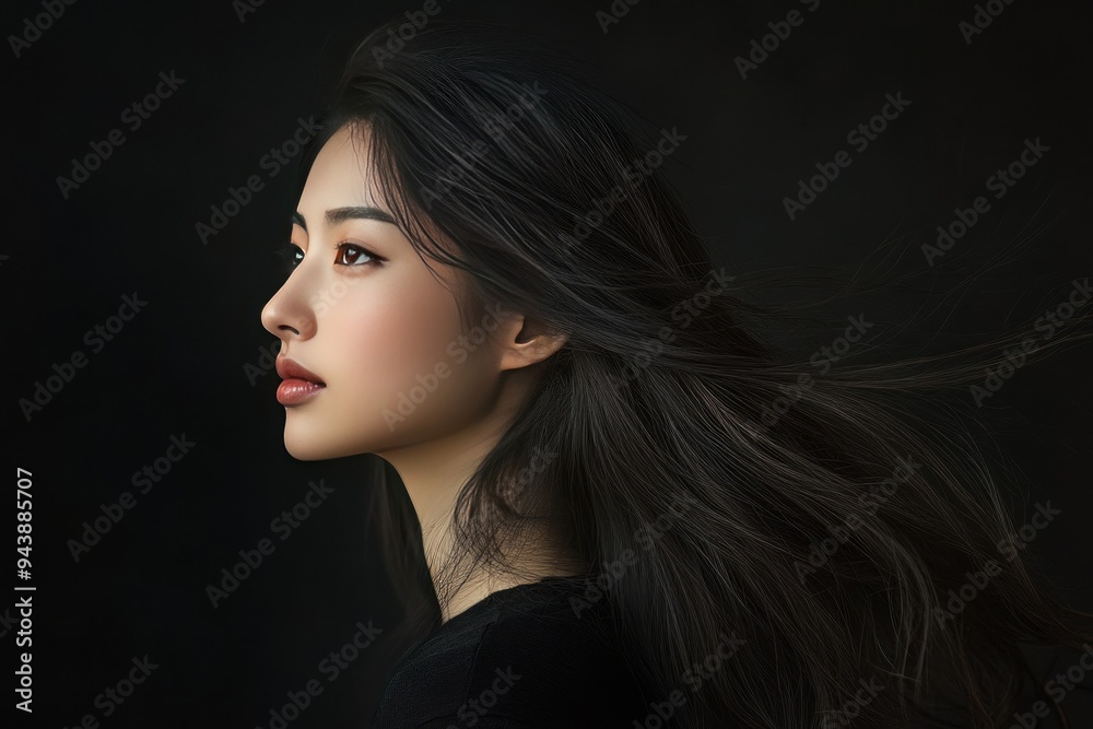 Close-up Portrait of a Young Woman with Long Black Hair Flowing in the Wind Close-up Portrait of a Young Woman with Long Black Hair Flowing in the Wind