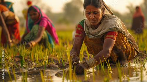 Indian women laborers sowing paddy in rice fields using traditional methods, highlighting the authenticity of their work and the rich details of rural agricultural life photo