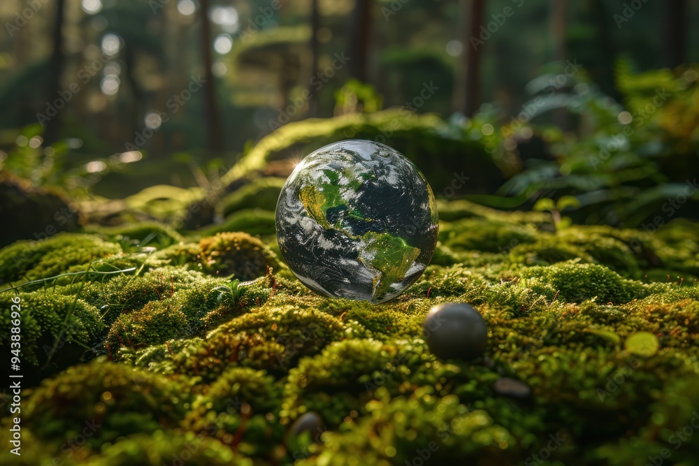 A small globe is sitting on a mossy patch of ground A small globe is sitting on a mossy patch of ground