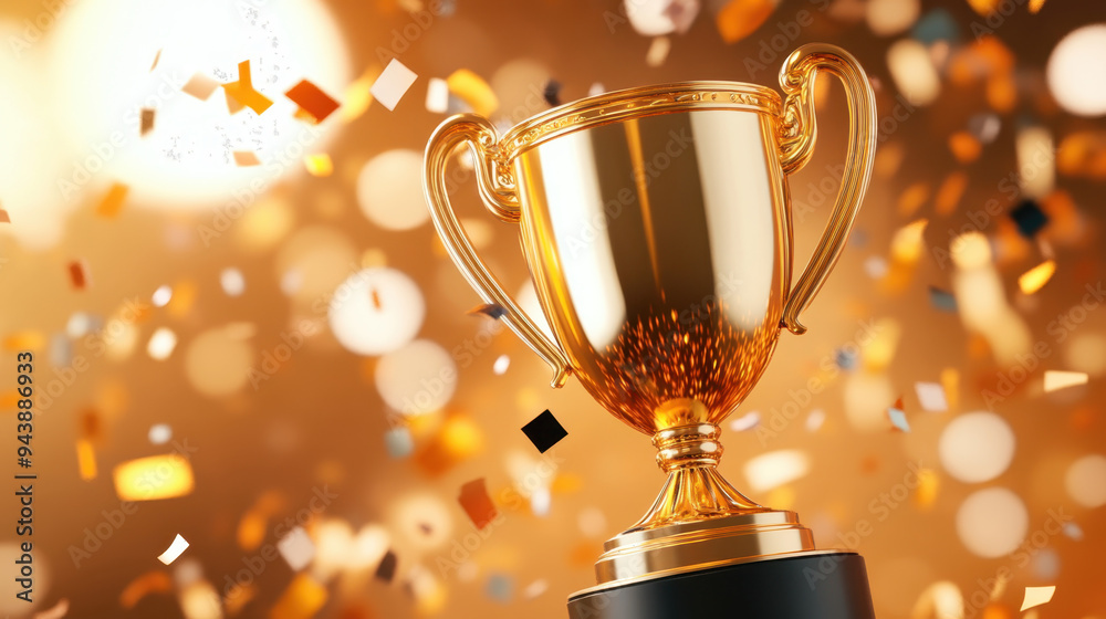 Golden trophy with confetti background, symbolizing achievement, victory, or celebration in an award ceremony setting Golden trophy with confetti background, symbolizing achievement, victory, or celebration in an award ceremony setting