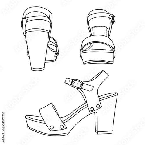 Women's Bold Buckles Studded Wedge Sandal Line art,Technical sketch hand drawing outline vector doodle illustration various view isolated on white background