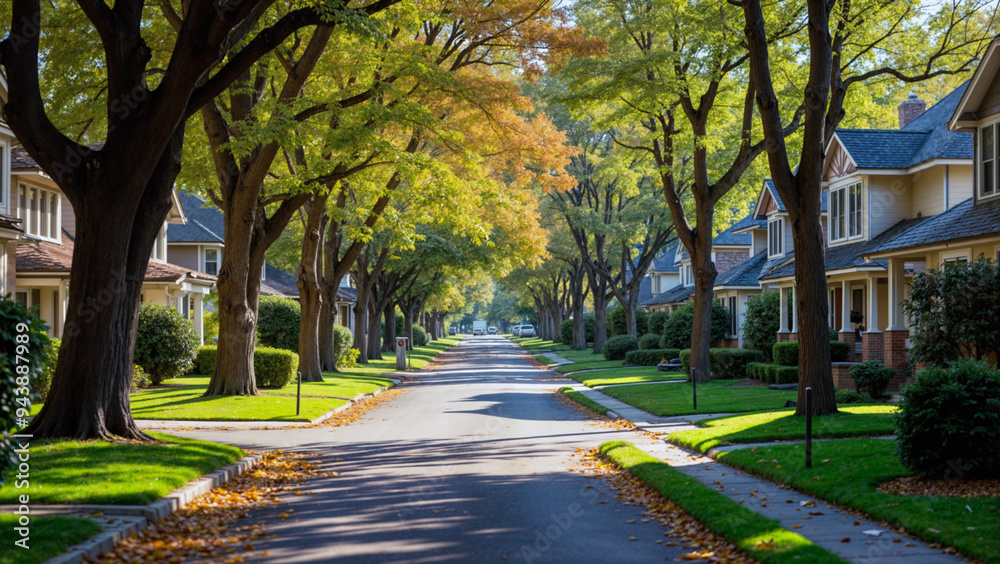 Quiet Residential Street Lined with Trees and Charming Houses on a Sunny Autumn Morning in a Suburban Neighborhood.. Quiet Residential Street Lined with Trees and Charming Houses on a Sunny Autumn Morning in a Suburban Neighborhood..