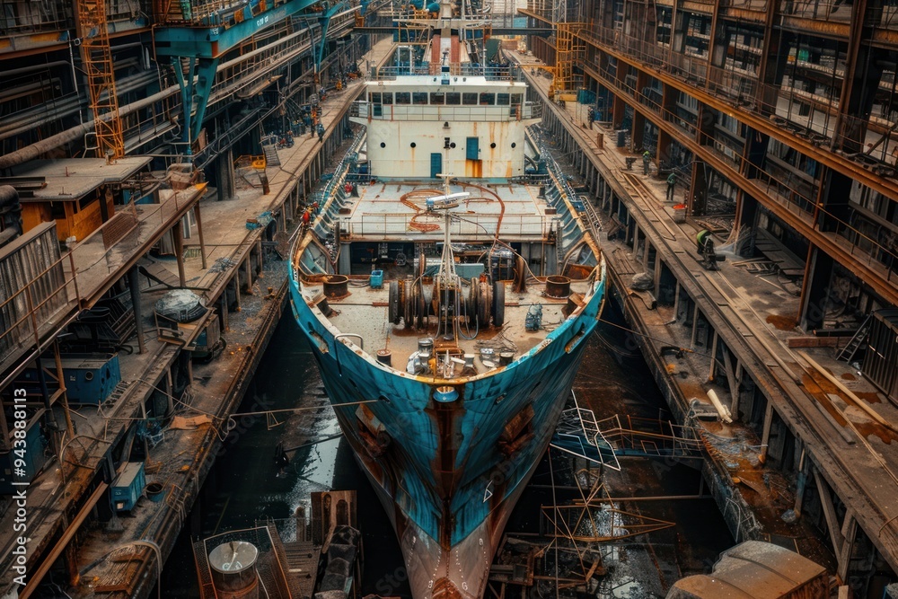 A large blue ship is docked in a shipyard A large blue ship is docked in a shipyard