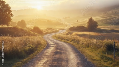 A road for safe travels with mountains, clouds, and trees in the background and a sun in the sky