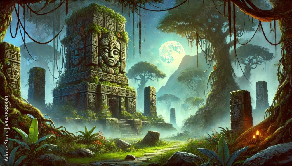 Fototapeta premium Mystical Tribal Ruins: Enigmatic Watercolor Scene for Game Backgrounds