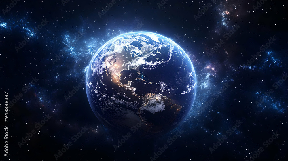 Fototapeta premium Earth from space with glowing blue nebula.
