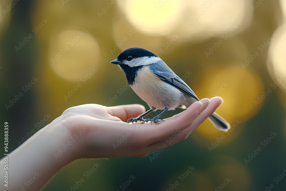 Fototapeta premium A small bird is perched on a person's hand