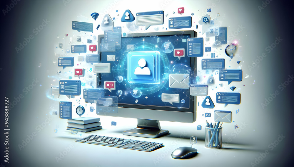 3D Desktop monitor with holographic notifications surrounding it concept as A desktop monitor is set against a white background surrounded by floating holographic notifications. The scene is captured 
