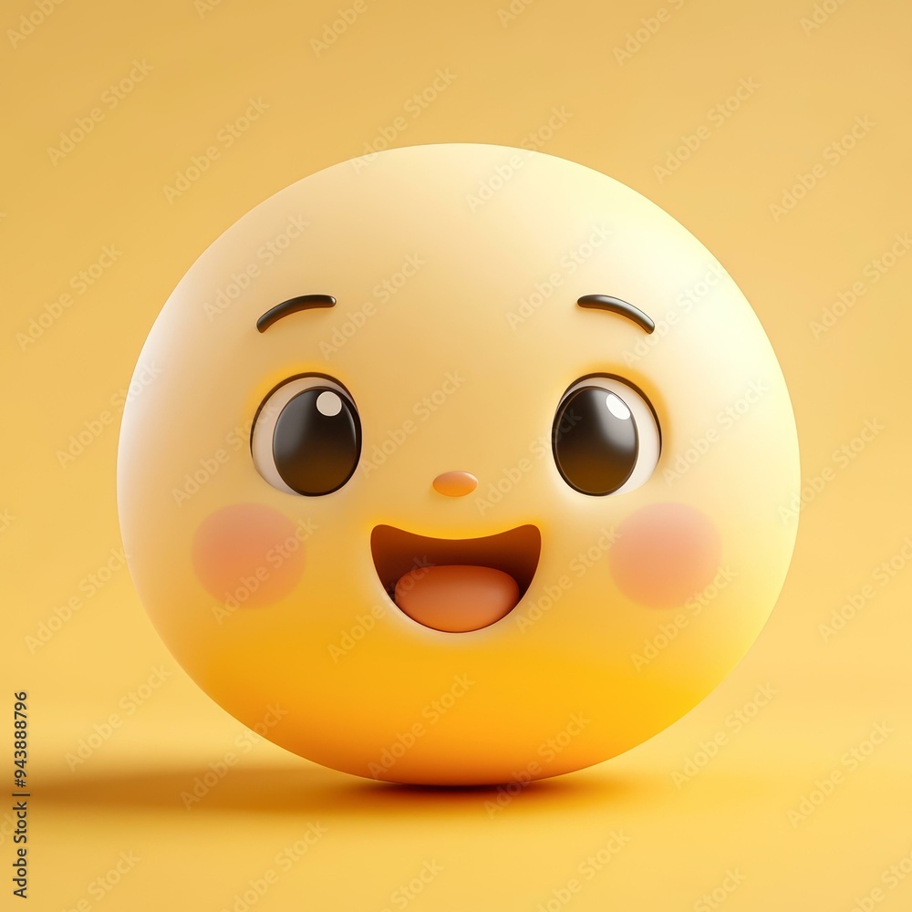 Fototapeta premium A cheerful, round emoji face with big eyes and a wide smile on a yellow background, suitable for expressing happiness, joy, or positivity in digital communications and promotional materials,