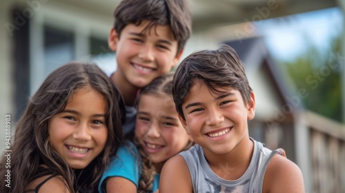 A teenager babysitting younger children in the neighborhood, smiling and keeping them entertained