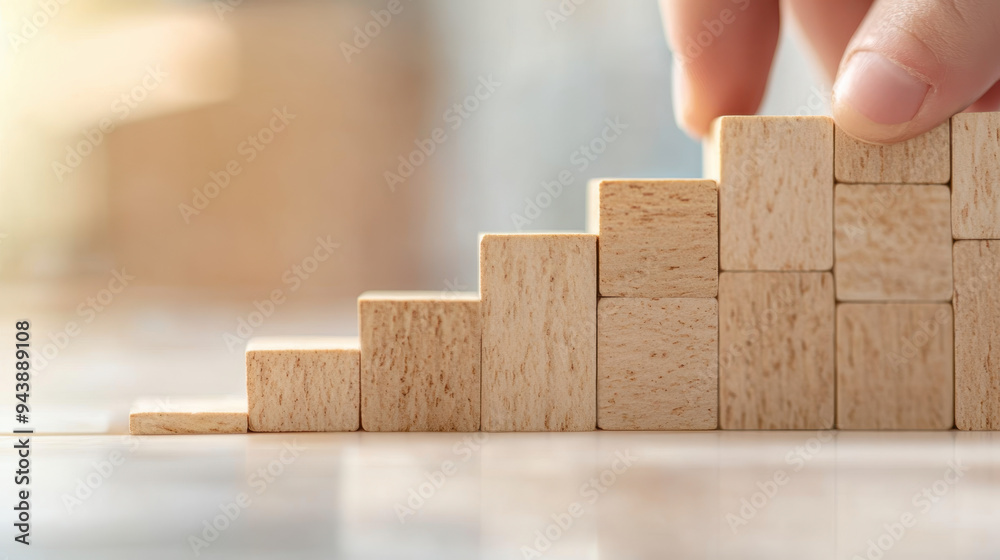 Building a growth chart with wooden blocks, illustrating progress and success in a conceptual workspace setting Building a growth chart with wooden blocks, illustrating progress and success in a conceptual workspace setting