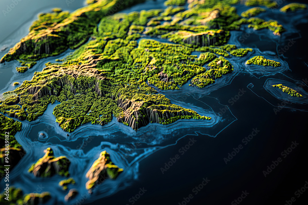 Naklejka premium Technical aerial visual, 3D LiDAR GIS aerial map satellite scan model isolated, showing Saanich, Canada. Elevation, topography, render