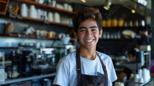 A teenager working a part-time job at a local cafÃ©, smiling and serving customers