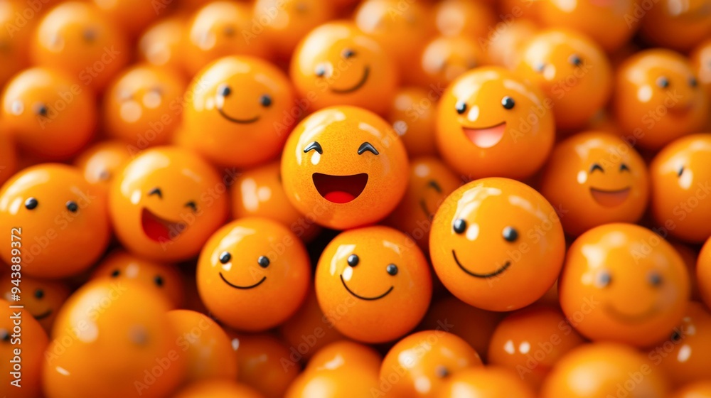 An array of orange smiley face balls, with one standout, vibrant smile, perfect for illustrating joy, happiness, individuality, and social media campaigns,