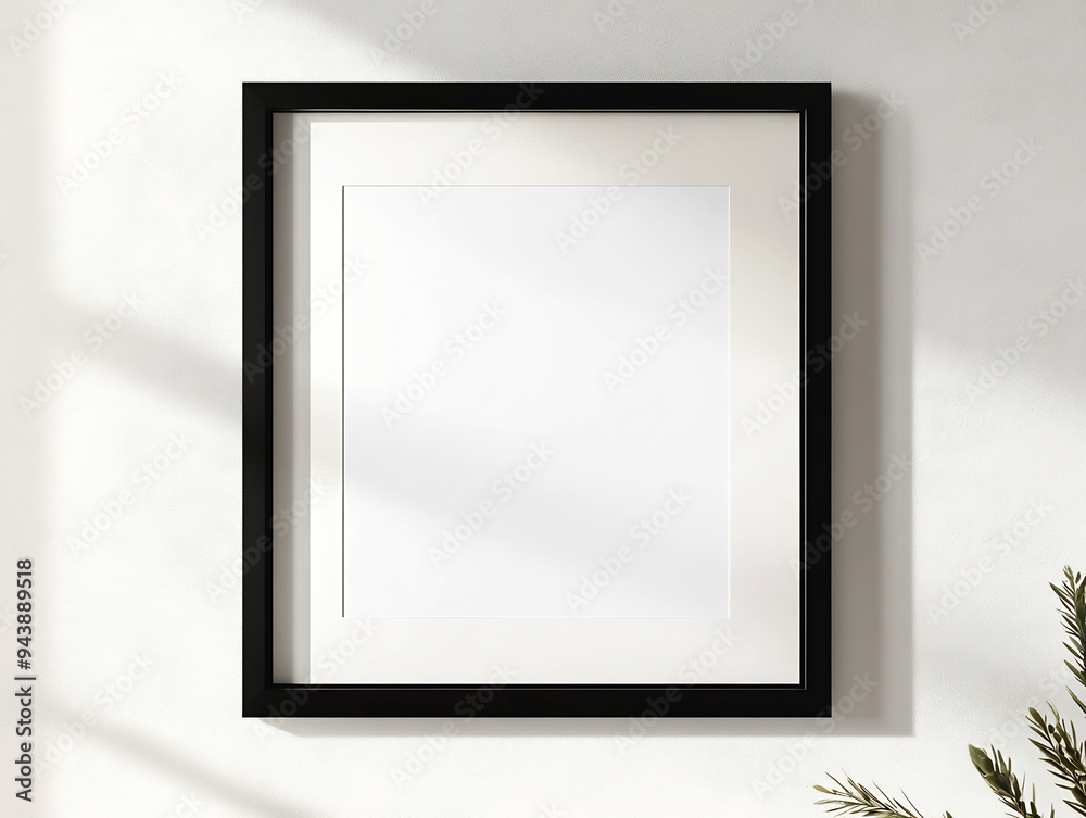 A blank black frame with is hanging on the wall A blank black frame with is hanging on the wall