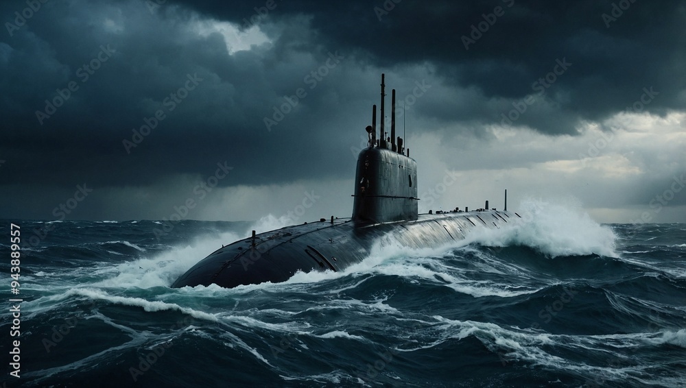 A powerful military submarine surfacing