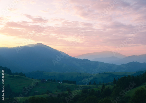 The blue mountain on a sunset scene of the Carpathian mountains. Ukraine.