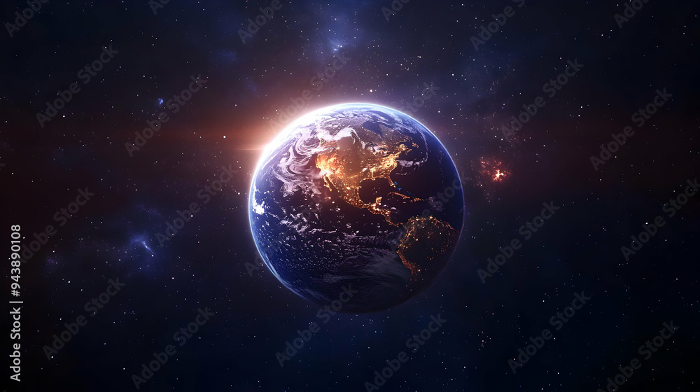 Earth in Space with Bright Lights and Stars.