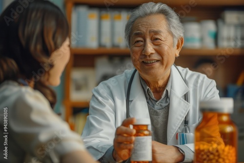 A man in a white lab coat is talking to a woman