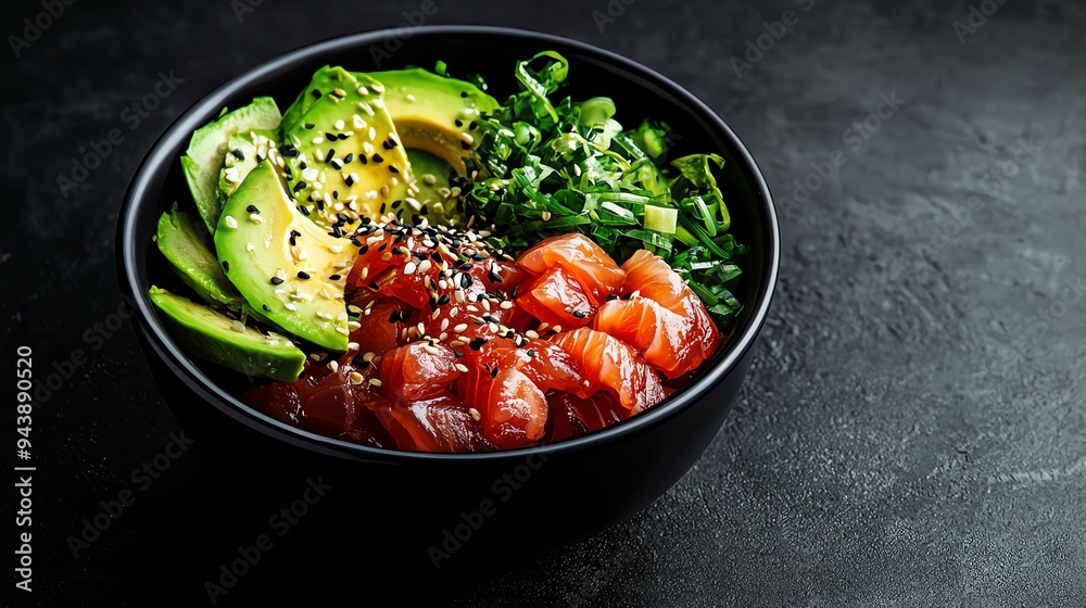 Poke bowl with fresh tuna and avocado, tropical vibe, 3D illustration Poke bowl with fresh tuna and avocado, tropical vibe, 3D illustration