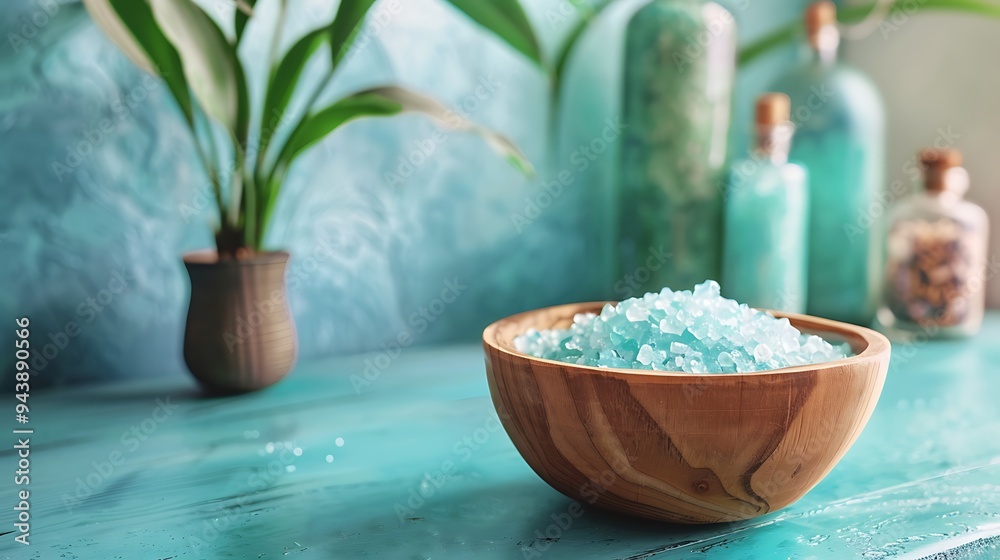 A cyan desk with a wood bowl filled with shaded sea salts A cyan desk with a wood bowl filled with shaded sea salts