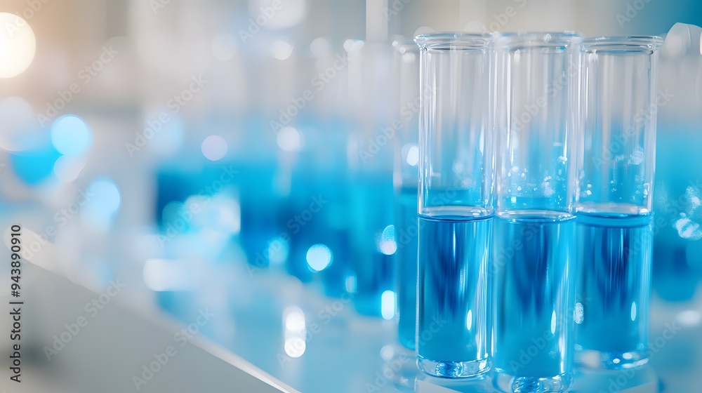 A close-up of test tubes filled with blue liquid, arranged on an industrial shelf in the laboratory. The focus is on one tube that contains a light turquoise and white gradient color liquid A close-up of test tubes filled with blue liquid, arranged on an industrial shelf in the laboratory. The focus is on one tube that contains a light turquoise and white gradient color liquid