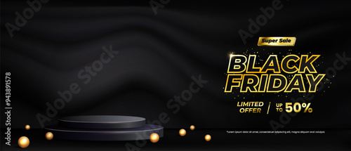 Black Friday Sale concept with a stage podium designed for showcasing products, complemented by a modern backdrop that includes balloons