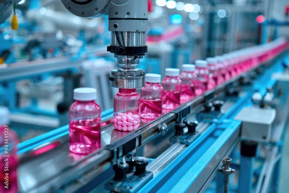 A conveyor belt with bottles of pills on it A conveyor belt with bottles of pills on it