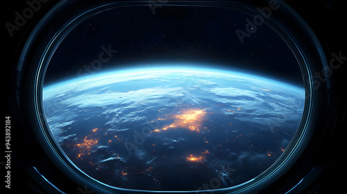 Fototapeta Naklejka Na Ścianę i Meble -  Earth viewed from a spacecraft porthole with city lights at night.