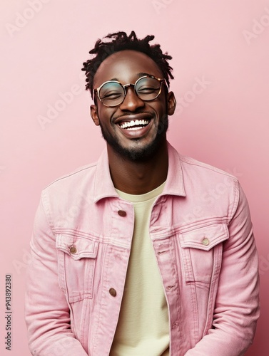 A joyful young man with curly hair smiles brightly in a casual yellow shirt