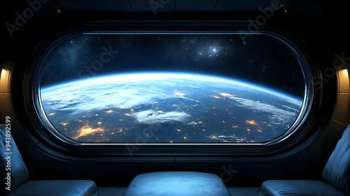 Earth viewed from a spaceship window with seating. photo