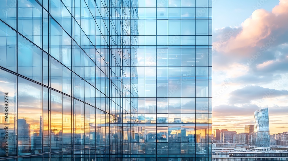 Panoramic skyline and buildings with many glass windows Panoramic skyline and buildings with many glass windows