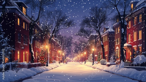 Snow-covered festive street with charming buildings and holiday decorations at night