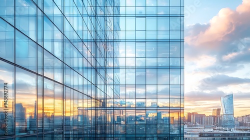 Panoramic skyline and buildings with many glass windows