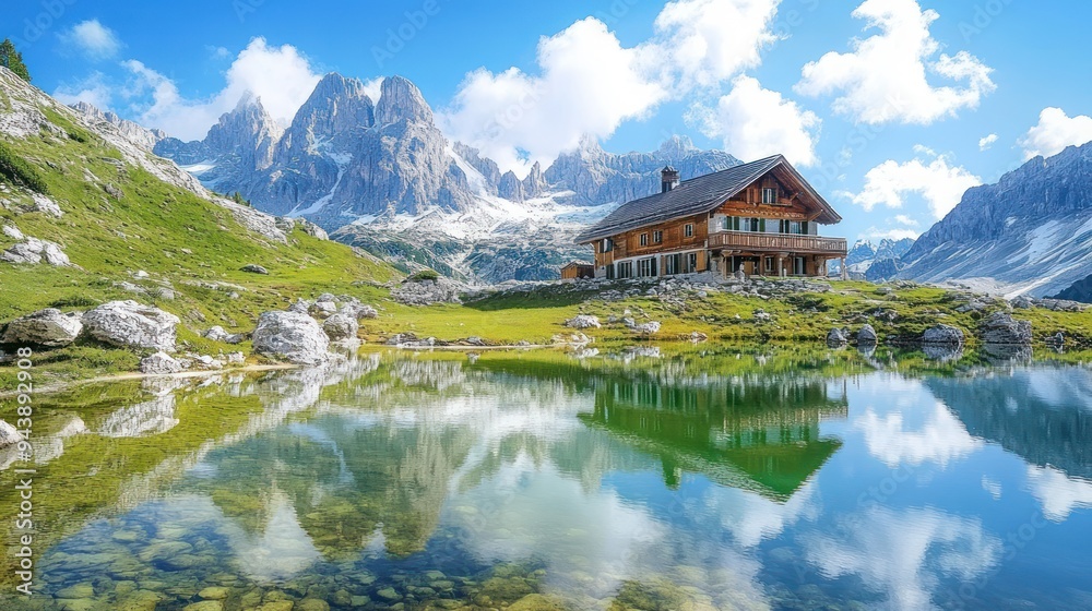 View of a house in the highlands with beautiful lake water behind the mountains background wallpaper AI generated image View of a house in the highlands with beautiful lake water behind the mountains background wallpaper AI generated image