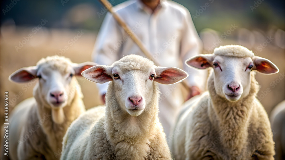 close up three small sheep with a shepherd behind, AI generated close up three small sheep with a shepherd behind, AI generated