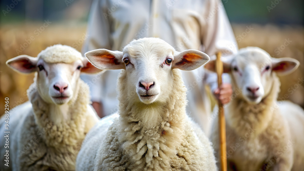 close up three small sheep with a shepherd behind, AI generated close up three small sheep with a shepherd behind, AI generated