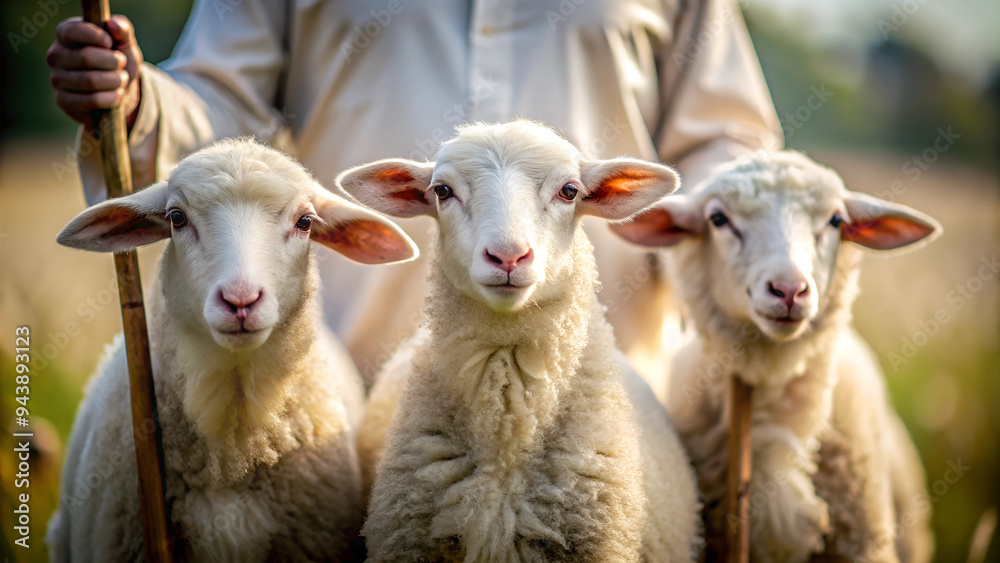 close up three small sheep with a shepherd behind, AI generated close up three small sheep with a shepherd behind, AI generated
