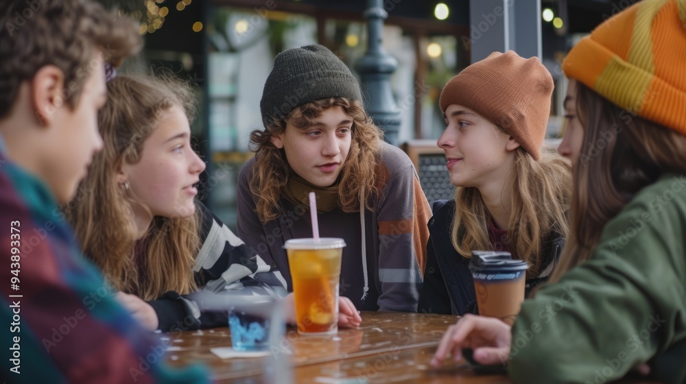 A group of teenagers at a café, talking and enjoying drinks, representing social connection A group of teenagers at a café, talking and enjoying drinks, representing social connection