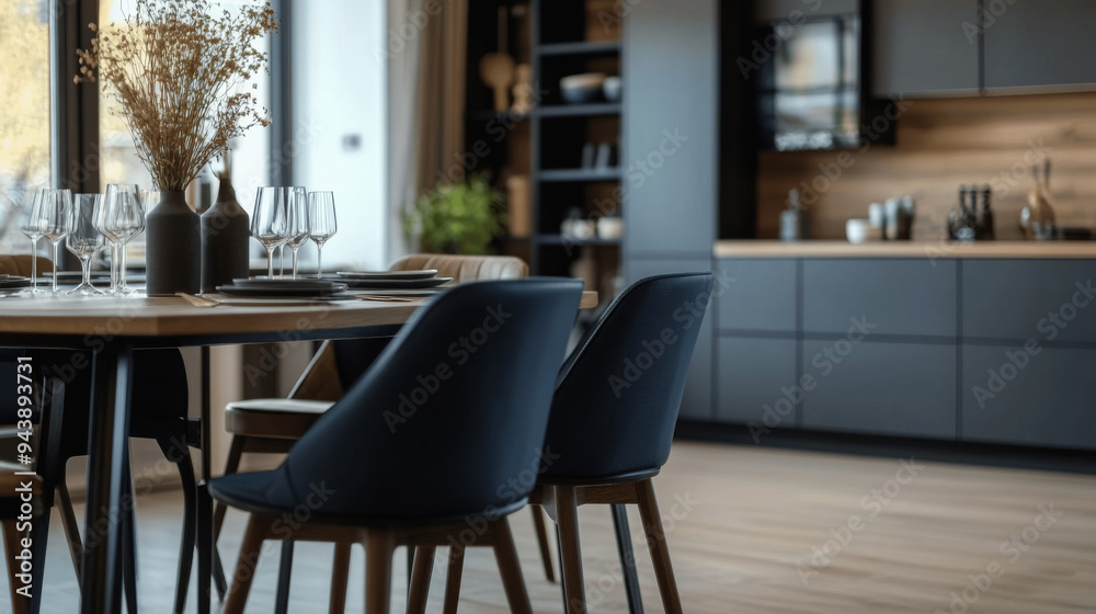 Close-Up of Modern Dining Room with Wooden Table, Chairs, and Black Cabinet Close-Up of Modern Dining Room with Wooden Table, Chairs, and Black Cabinet