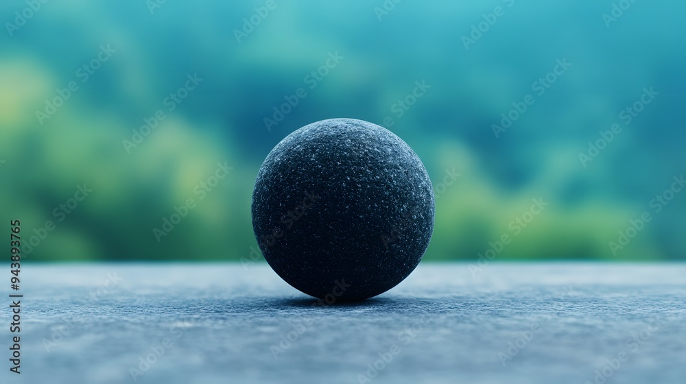 A small black ball is sitting on a grey surface A small black ball is sitting on a grey surface