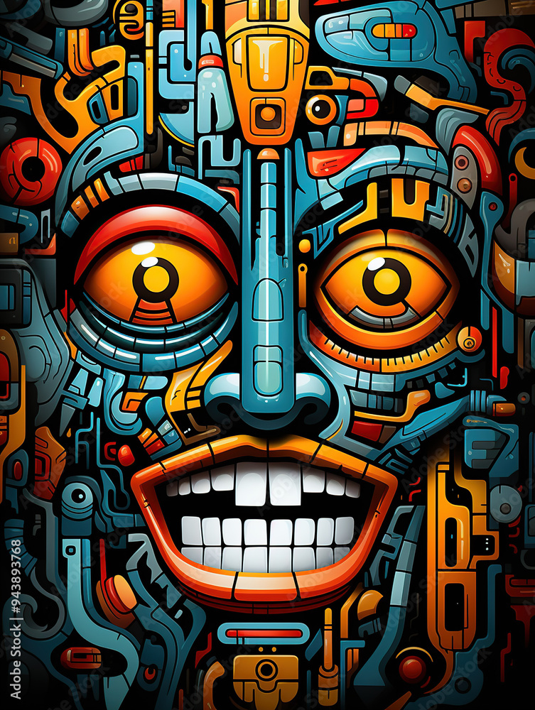 Obraz premium A close-up of a vibrant, colorful, and detailed illustration of a smiling face, made from various geometric shapes and patterns, resembling gears and machinery.